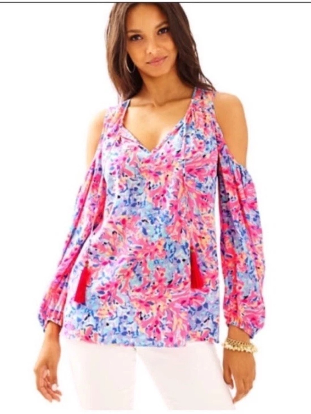 Lilly Pulitzer Silk Finch Open Shoulder Top Pink Blue Coral Crab Tassels Size S